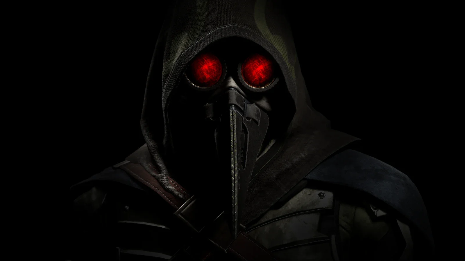 A hooded figure in a dark cloak and a gas mask with glowing red eyes against a black background