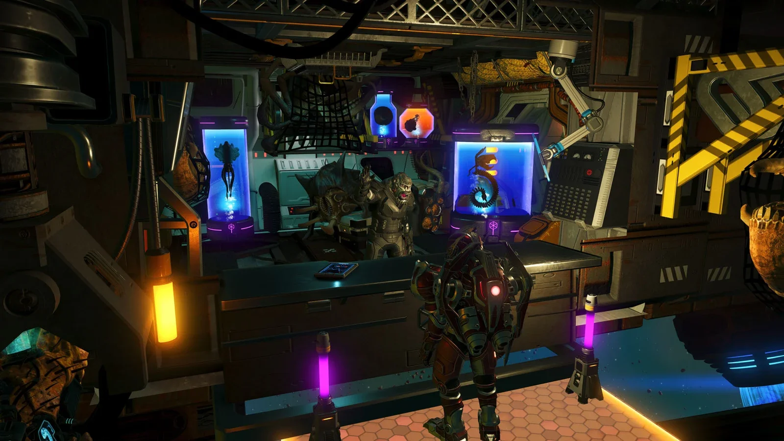 A neon-lit corvette interior with purple and orange lights, glass tanks and a spacesuited player standing between the consoles