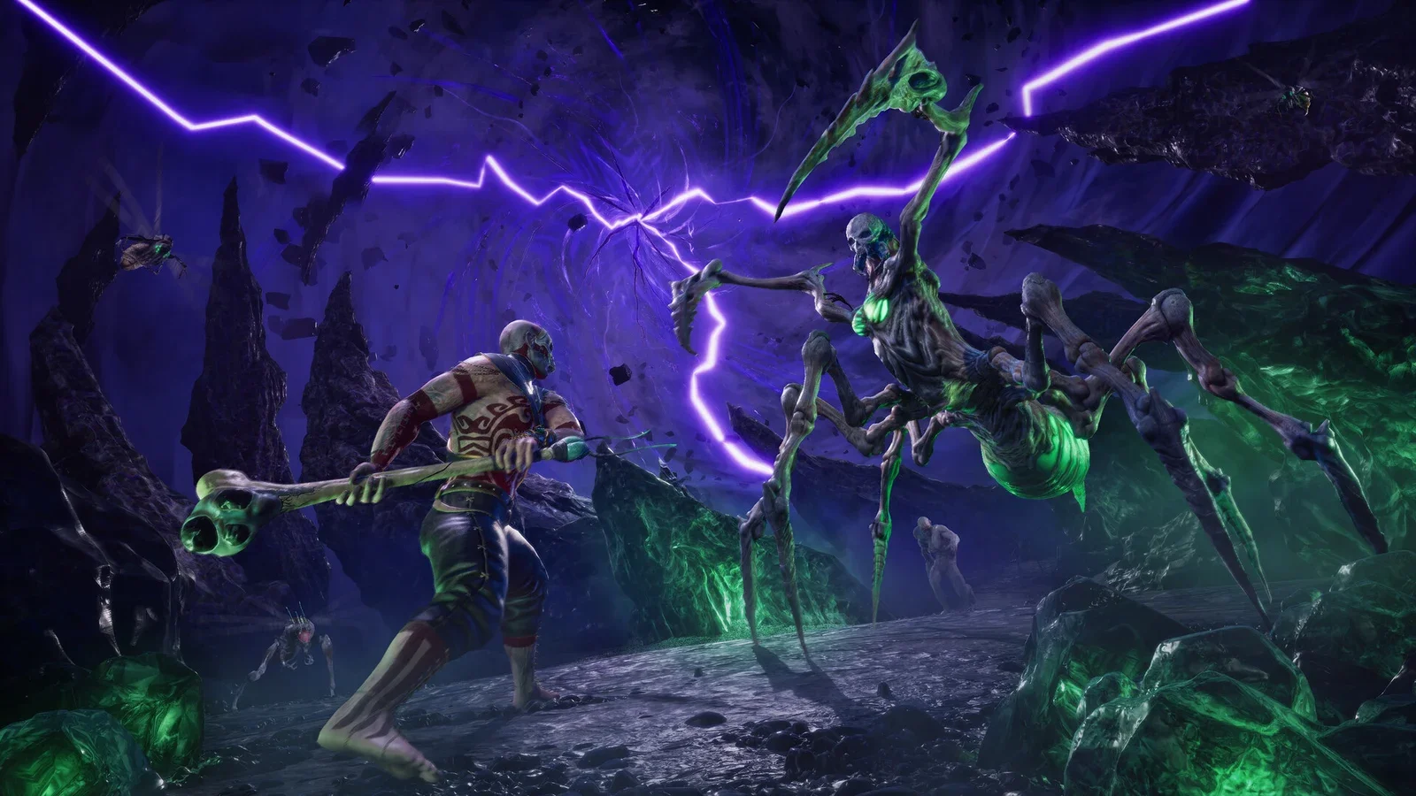 Armoured warriors fight beneath purple lightning in a dark forest in Conan Exiles Enhanced