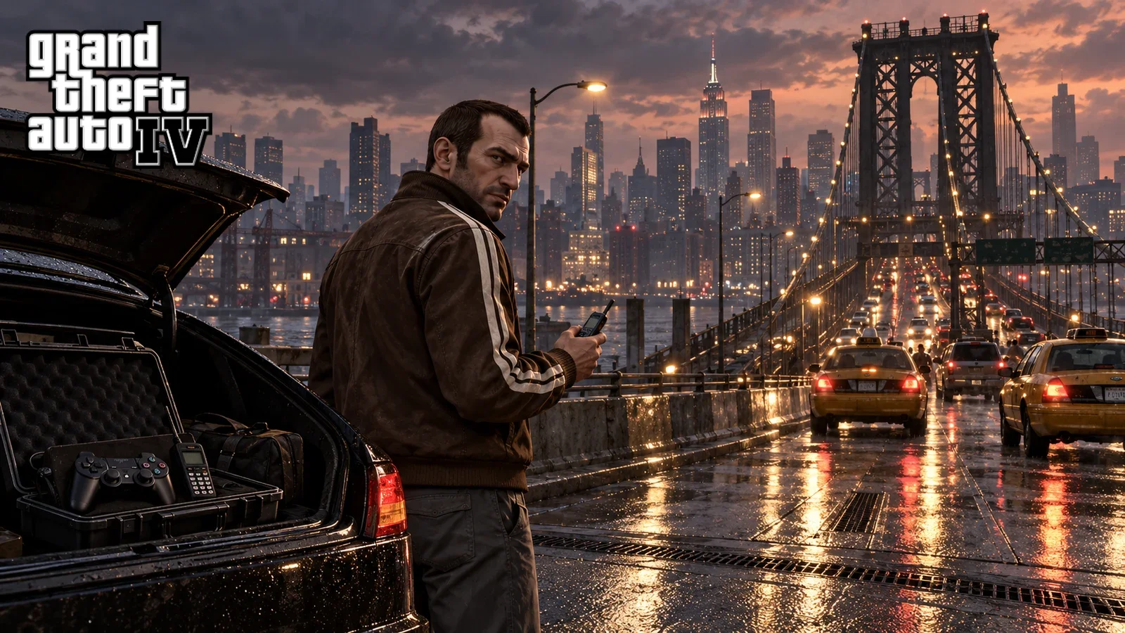 AI illustration of Niko Bellic using a phone beside an open car boot, with a bridge and skyline behind him.