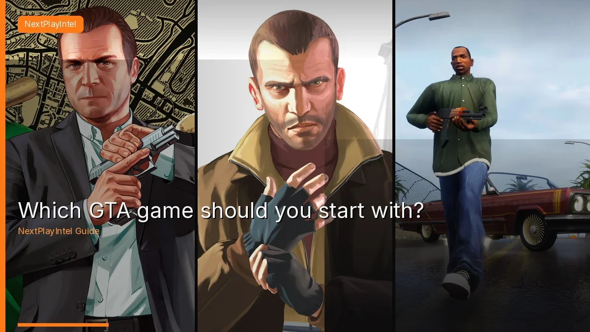 Collage of official Rockstar art for GTA V, GTA IV and San Andreas protagonists, with NextPlayIntel title overlay
