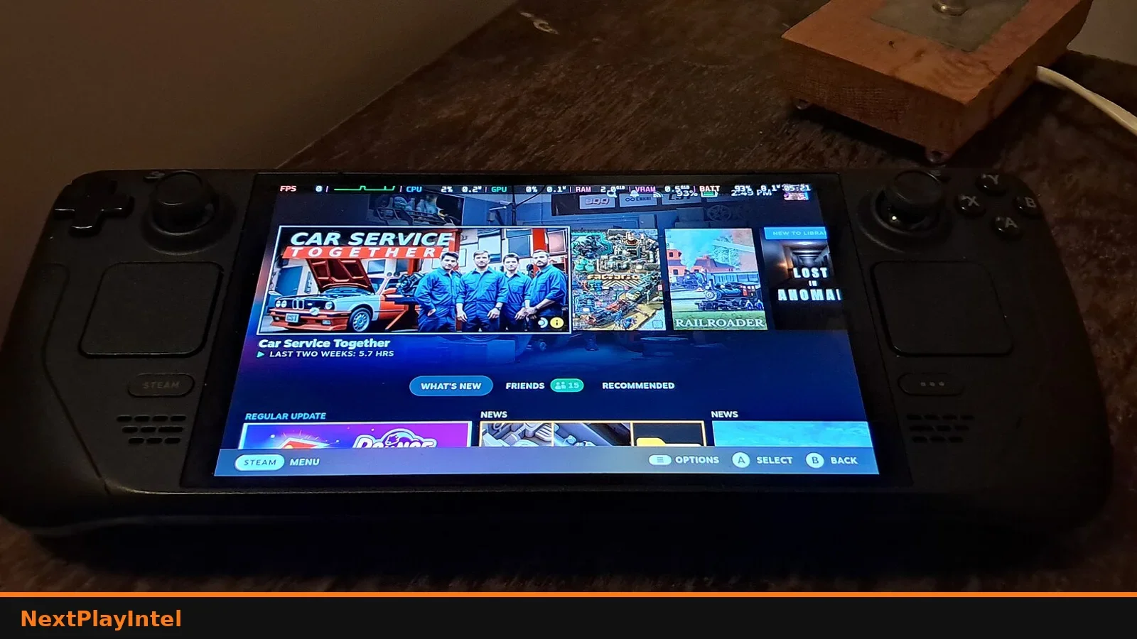 Steam Deck OLED handheld showing the Steam home screen