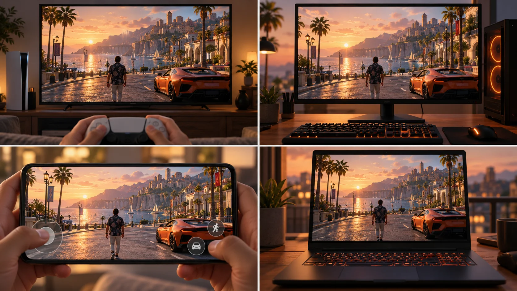 Four concept panels show the same invented city and car on a console television, desktop PC, smartphone and laptop.