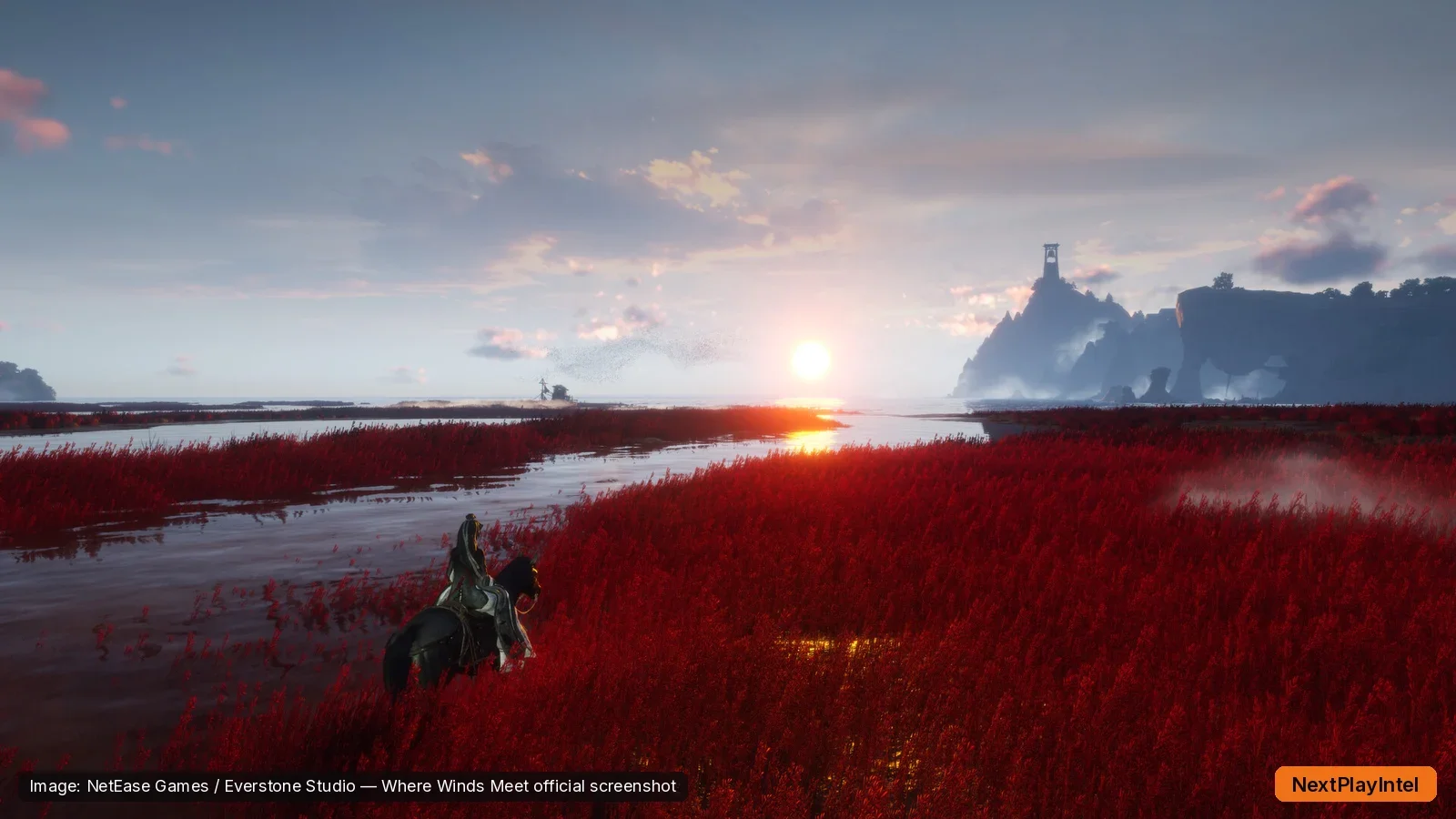 Where Winds Meet official screenshot of a rider crossing a field of red grass at sunset beside a river