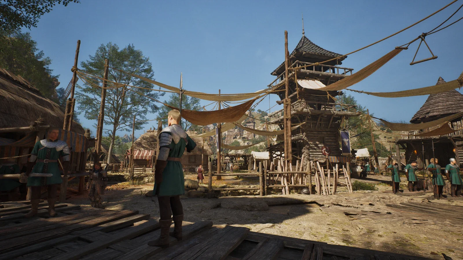 A player character standing in a sunlit market square in front of a tall wooden pagoda in ArcheAge Chronicles