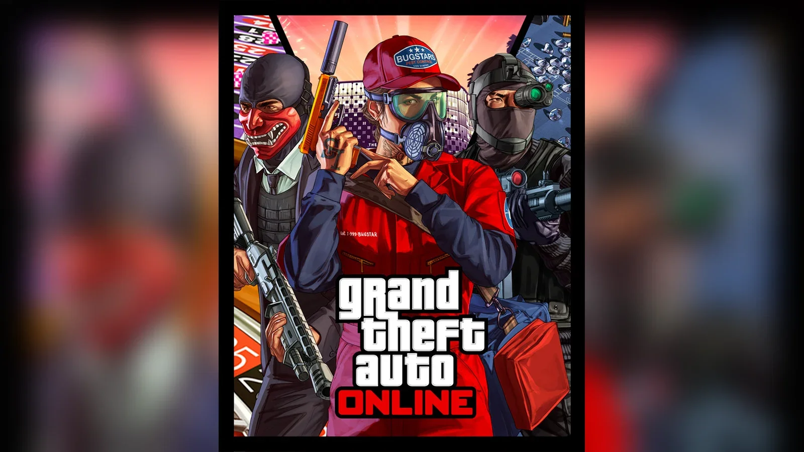 Official Grand Theft Auto Online key art from Rockstar Games showing masked crew members