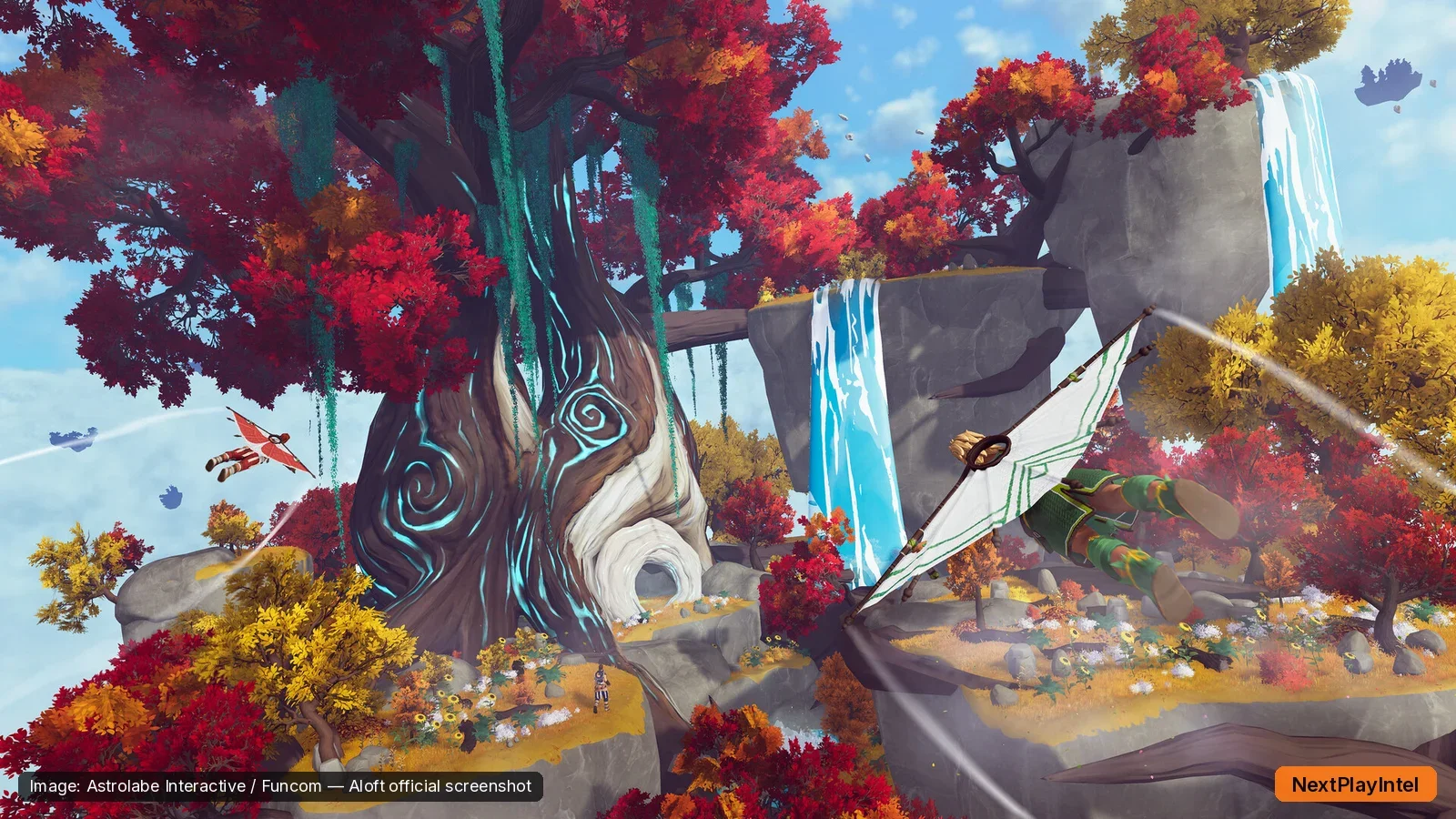 Aloft official screenshot of colourful floating islands with autumn trees, waterfalls and a glider in the sky