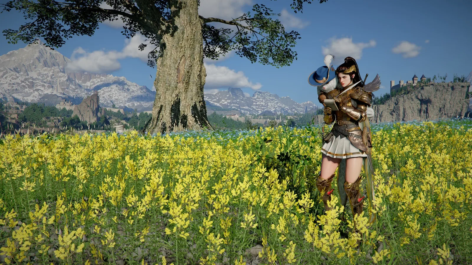Official Crimson Desert screenshot of a warrior woman standing in a field of yellow flowers by a large tree