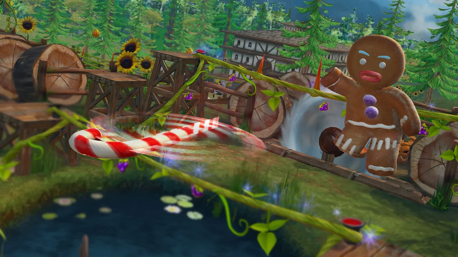 Official Shrek 2 Remastered screenshot of the Gingerbread Man on a candy cane bridge in a garden