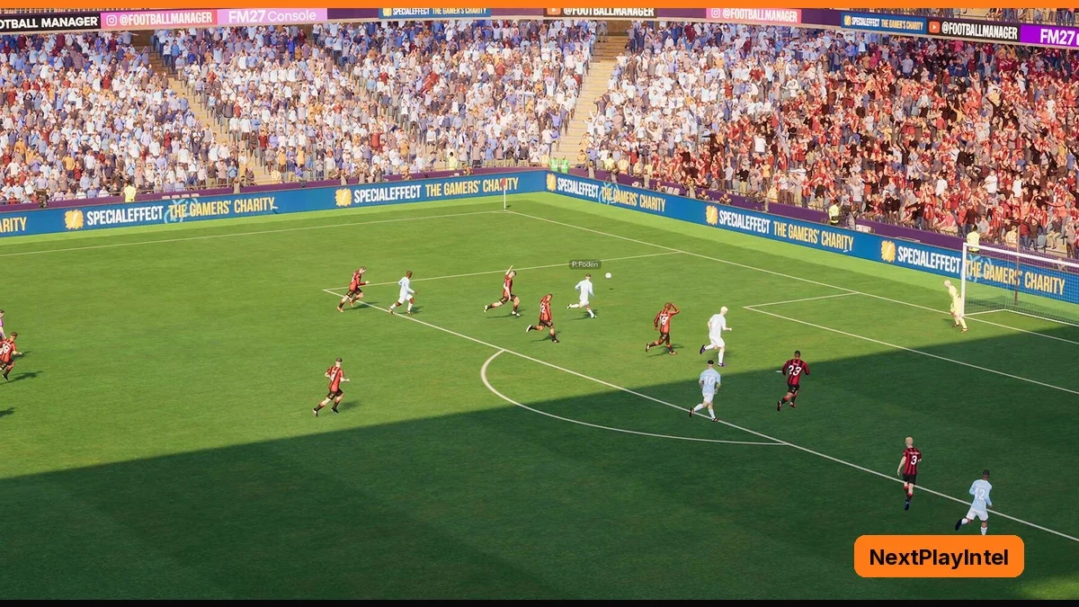 Wide view of a football match in progress in a packed stadium, with red-shirted and white-shirted players spread across a sunlit green pitch