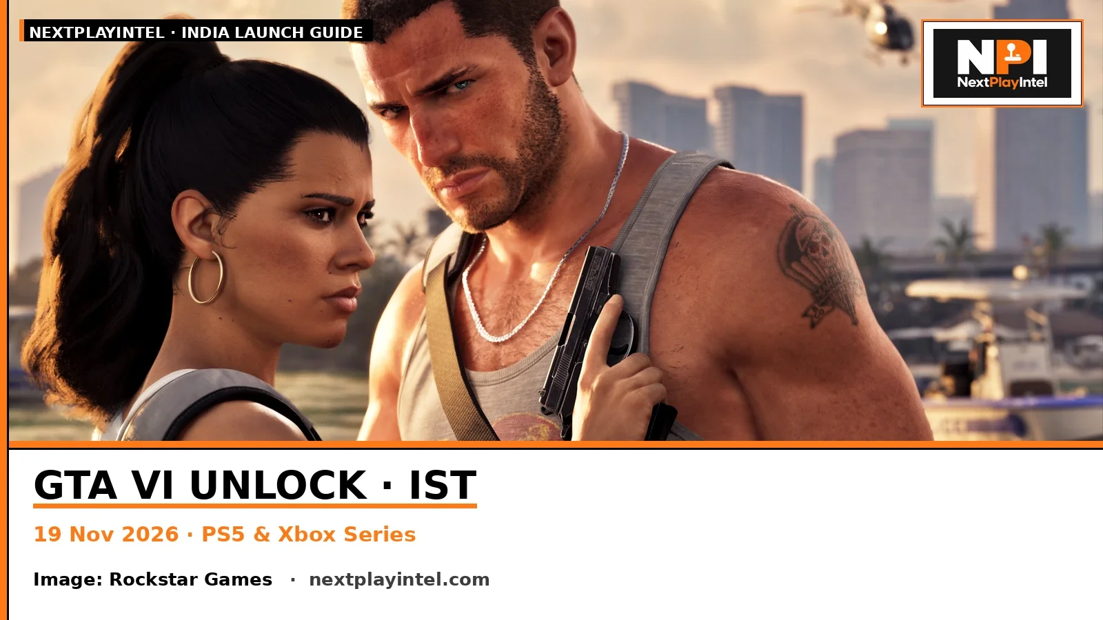 Official Grand Theft Auto VI promotional screenshot used to illustrate the India unlock date guide.