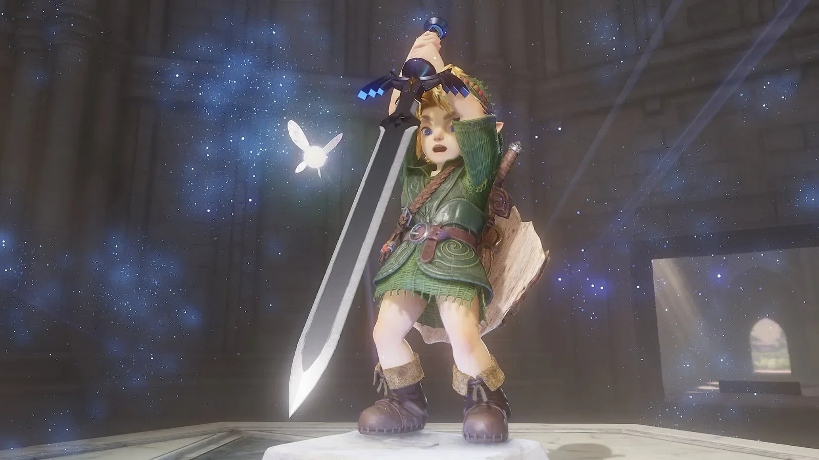 Official Ocarina of Time Switch 2 screenshot of young Link raising a sword in a beam of light with Navi beside him