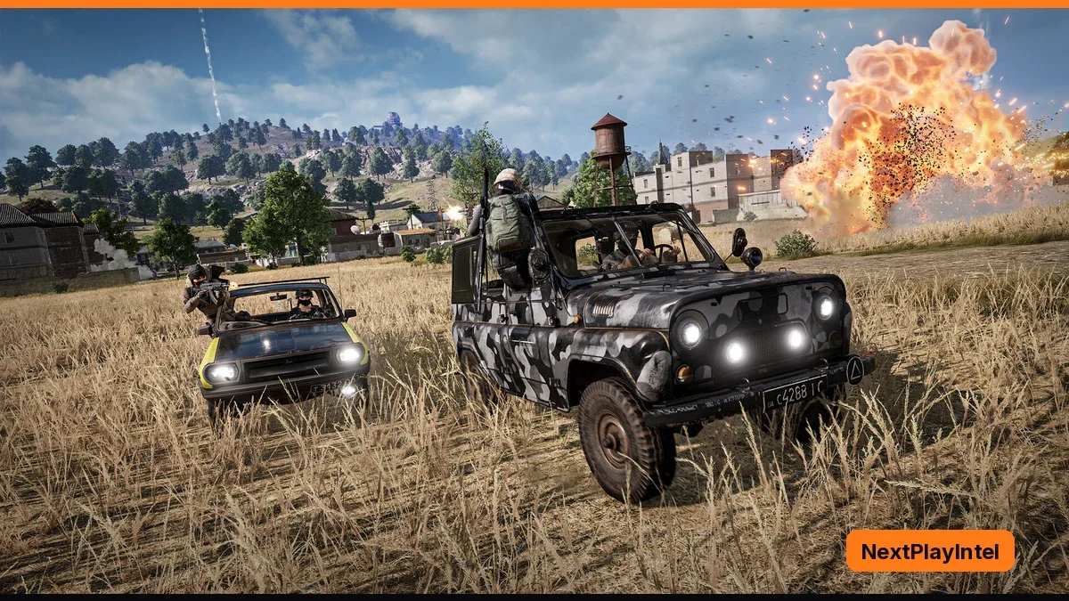 Two camouflaged UAZ off-road vehicles with headlights on drive through a dry grass field towards a village as an explosion erupts in the distance
