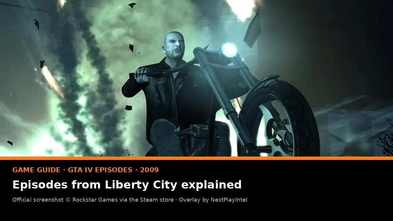Official GTA Episodes from Liberty City screenshot of Johnny Klebitz in his Lost MC jacket in front of a police car, with a NextPlayIntel guide label