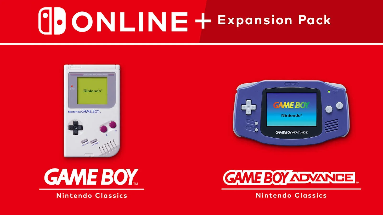 Nintendo Switch Online + Expansion Pack artwork showing a Game Boy and a Game Boy Advance on a red background