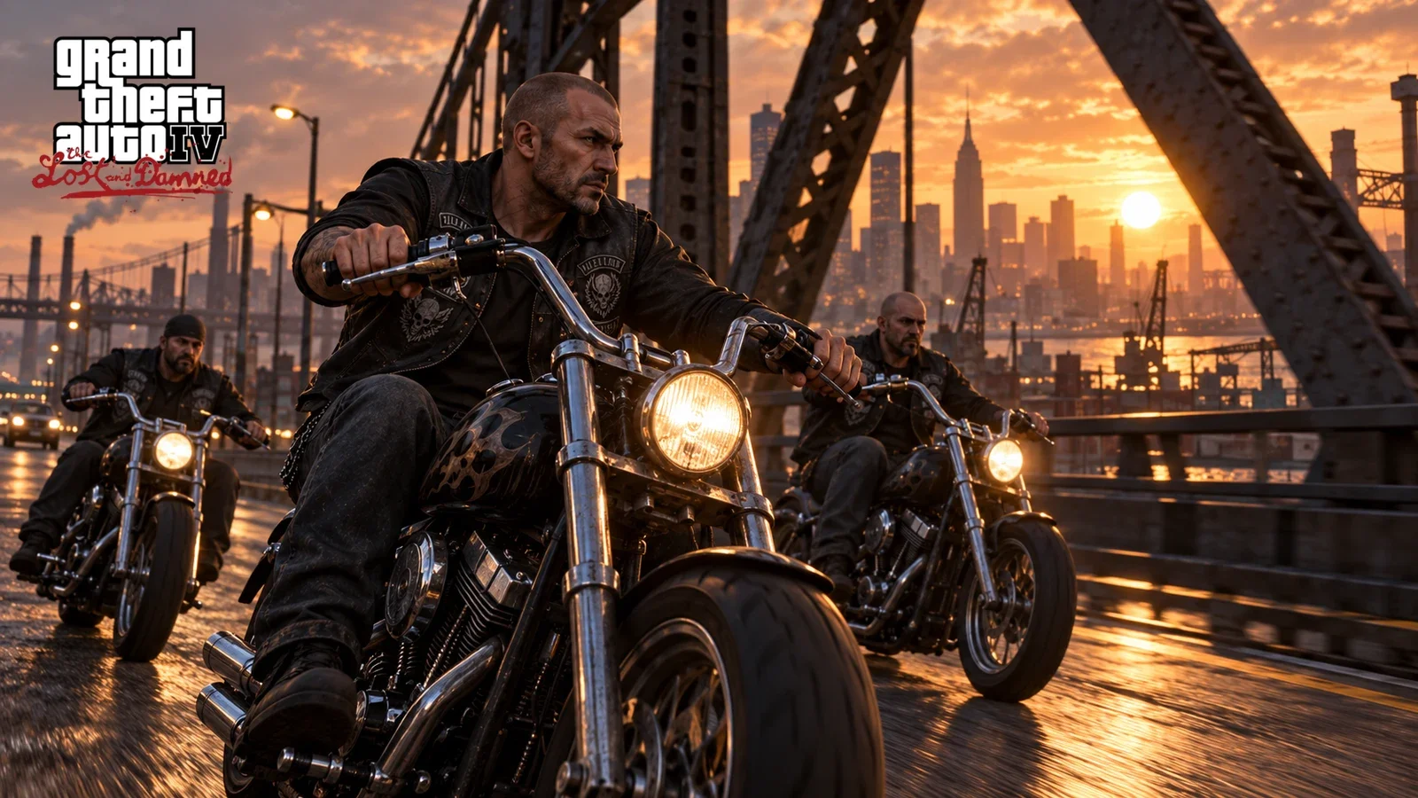 AI illustration of Johnny Klebitz leading a motorcycle convoy across an industrial bridge at sunset.