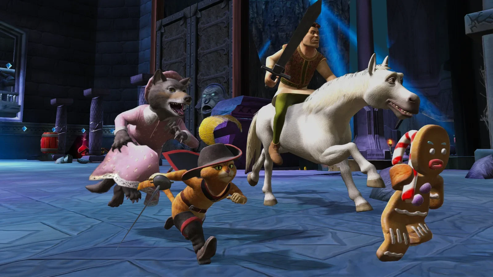 Official Shrek 2 Remastered screenshot of Puss in Boots, the Gingerbread Man and friends running through a castle hall with a knight on a white horse