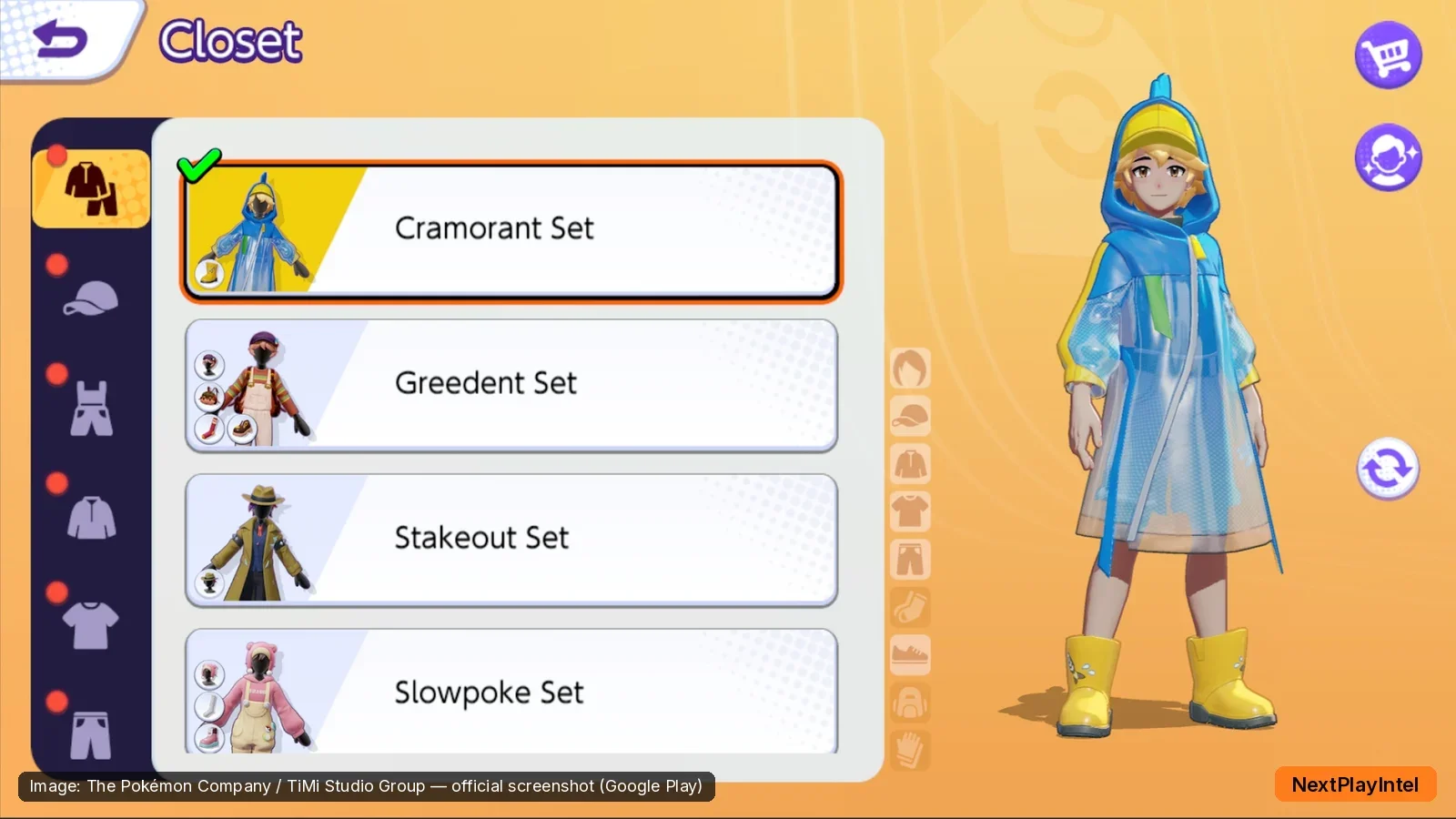 Pokémon UNITE closet screen showing trainer outfit sets