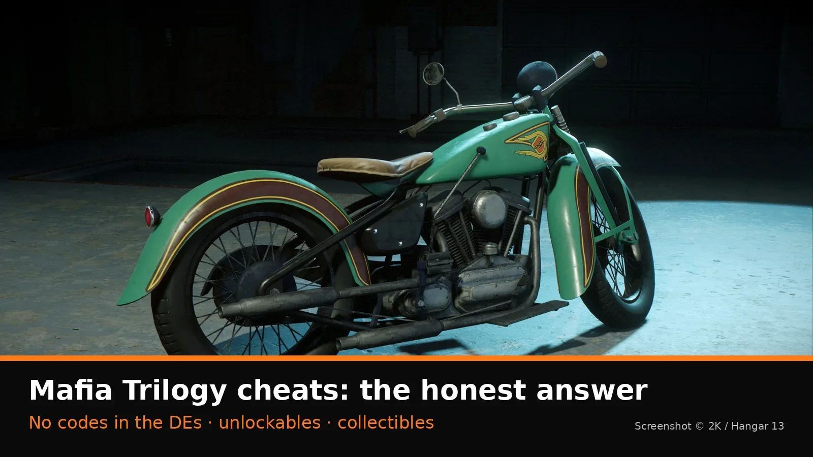 Official Mafia: Definitive Edition screenshot of a 1930s motorcycle, with NextPlayIntel cheats explainer label