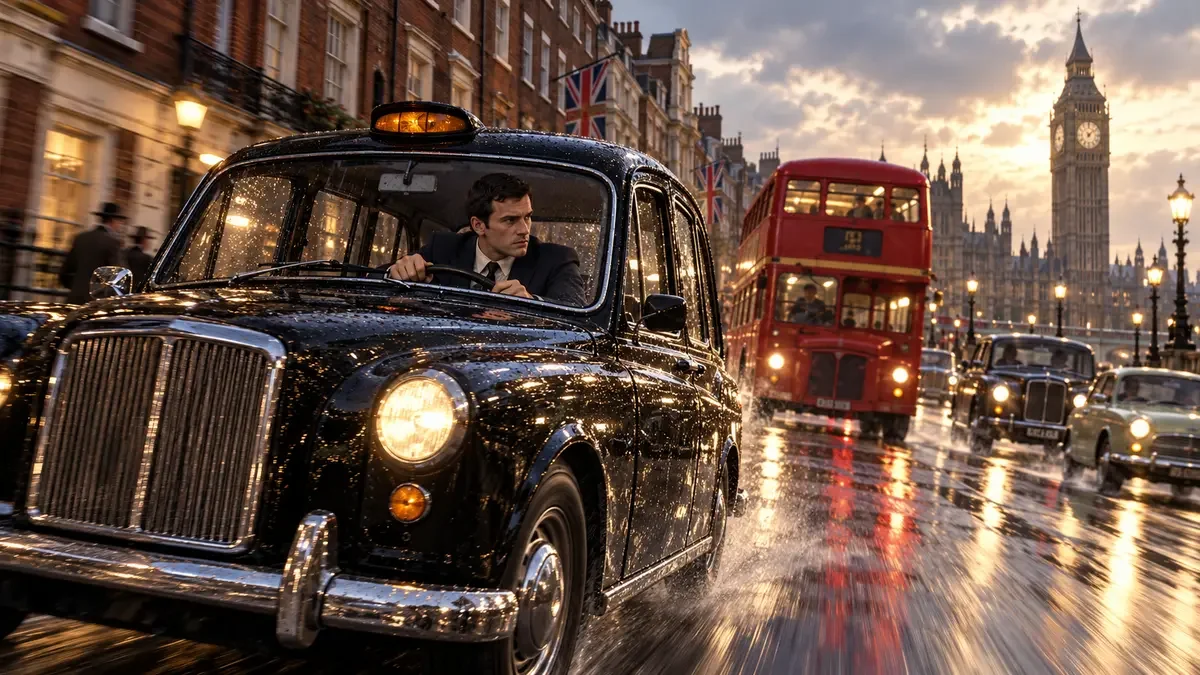 AI illustration inspired by GTA London 1969, showing a black cab and red bus on a wet London street.