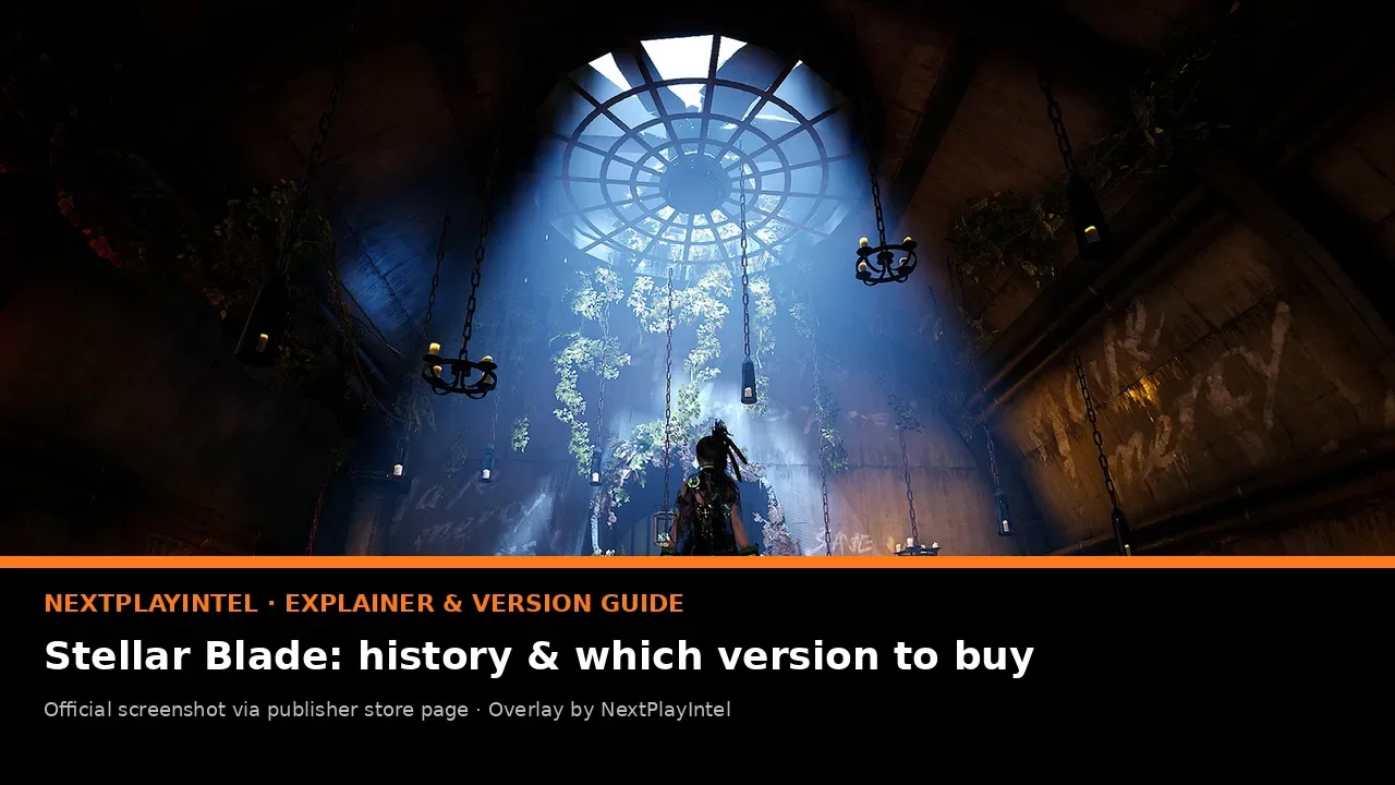 Official Stellar Blade Switch 2 screenshot of EVE standing in a dark chamber under a shaft of blue light, with NextPlayIntel guide label