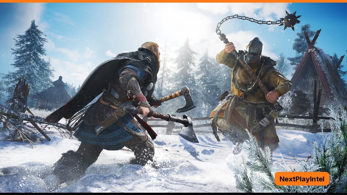 A hooded Viking warrior with an axe charges through snow at a helmeted enemy swinging a spiked flail, with pine trees and a wooden village behind them