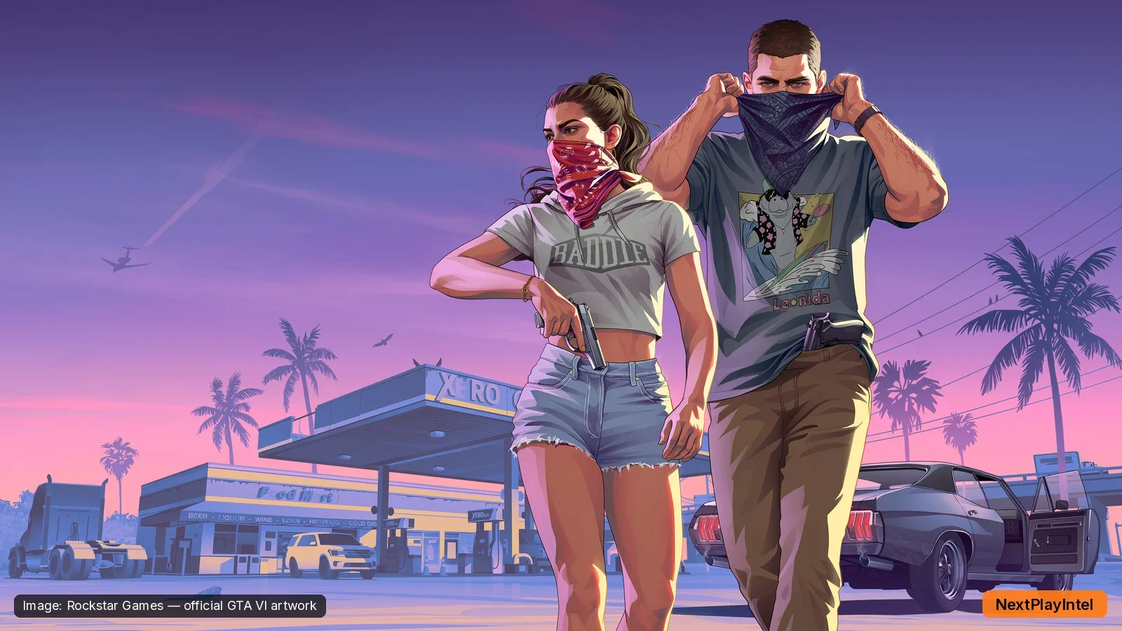 Official GTA VI artwork of Jason and Lucia wearing bandanas outside a petrol station, mid-robbery