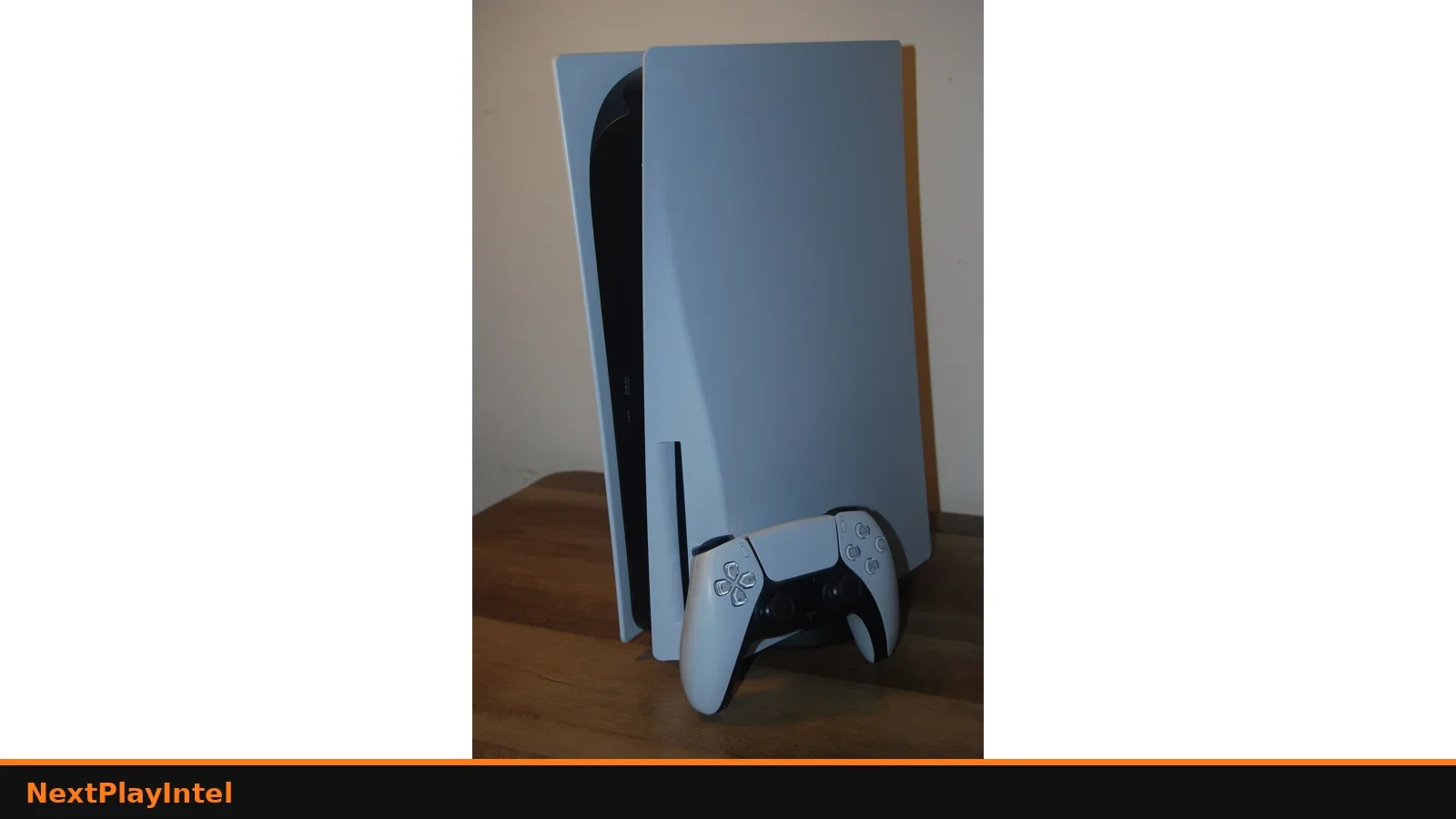 White PlayStation 5 console standing upright with a DualSense controller