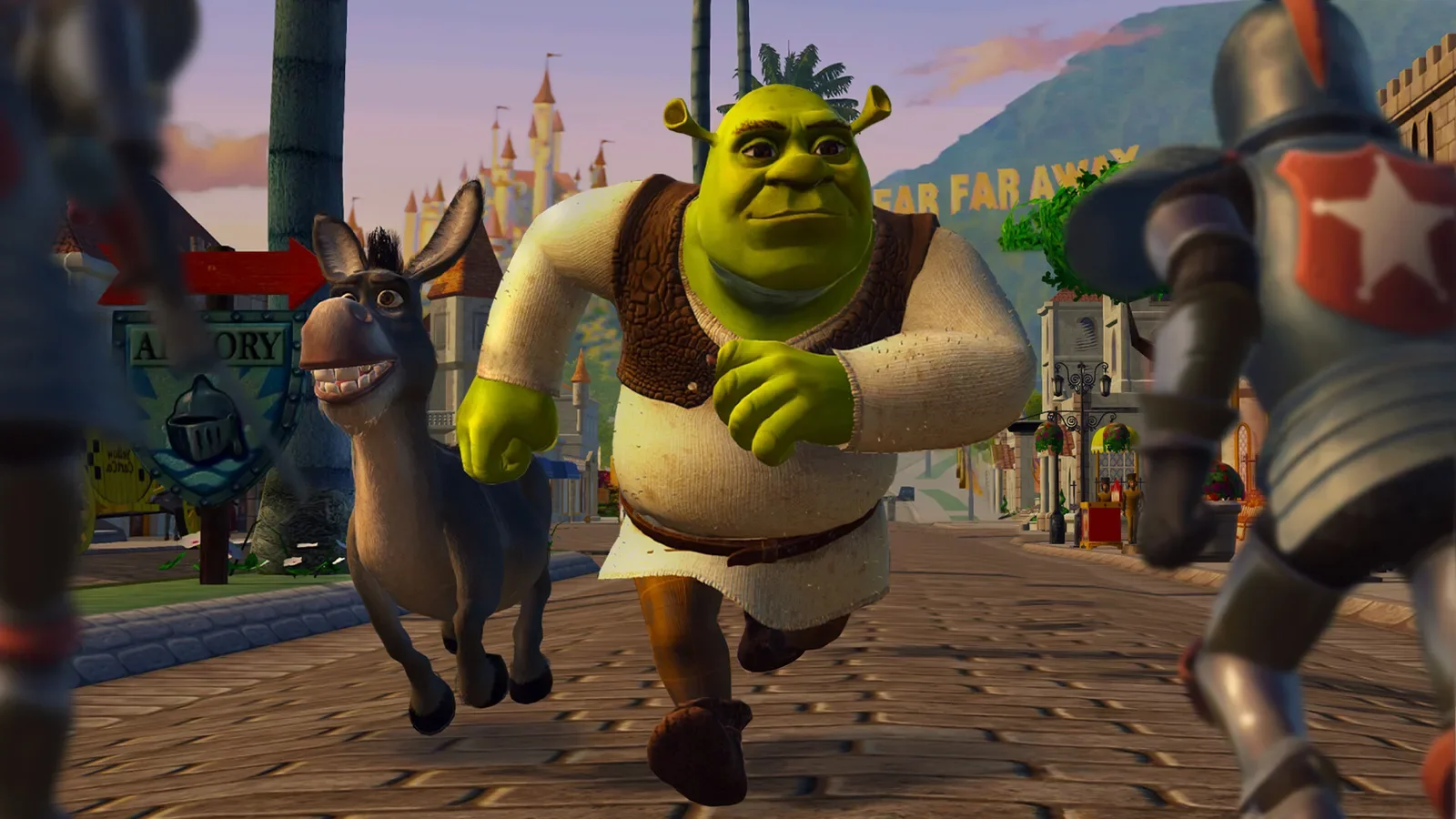 Official Shrek 2 Remastered screenshot of Shrek running down a Far Far Away street with Donkey and armoured knights
