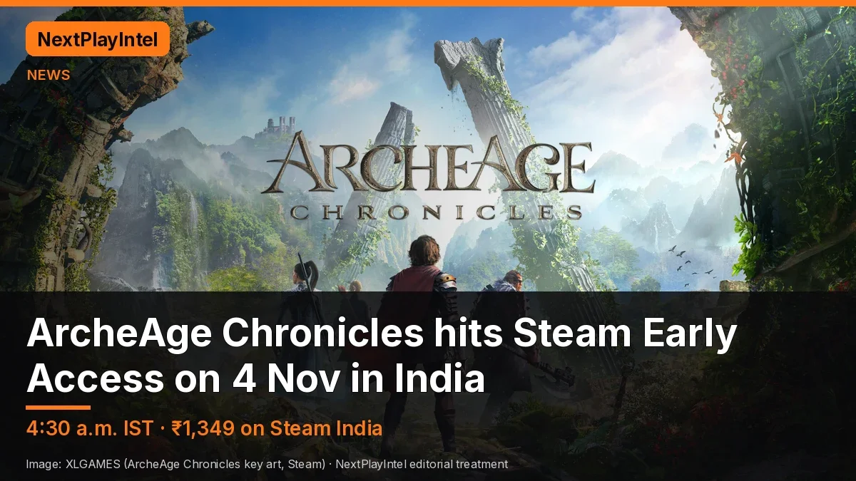 Official ArcheAge Chronicles key art of three adventurers looking at ancient ruins, with a headline about the Steam Early Access launch in India