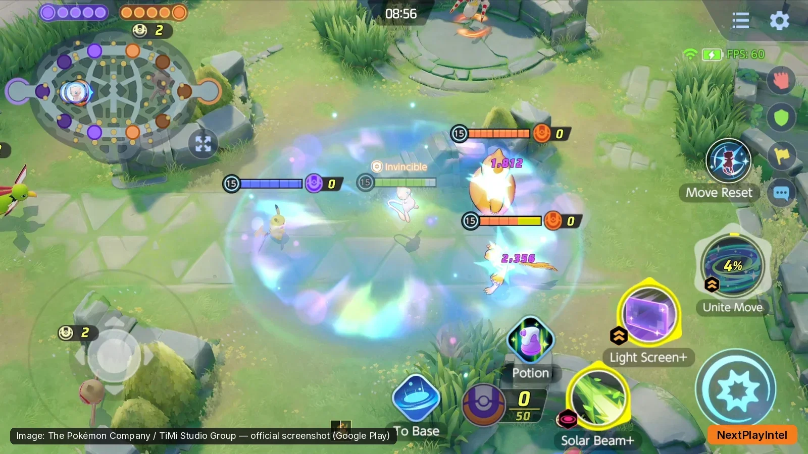 Pokémon UNITE gameplay screenshot showing a team fight with Unite Move and Light Screen buttons