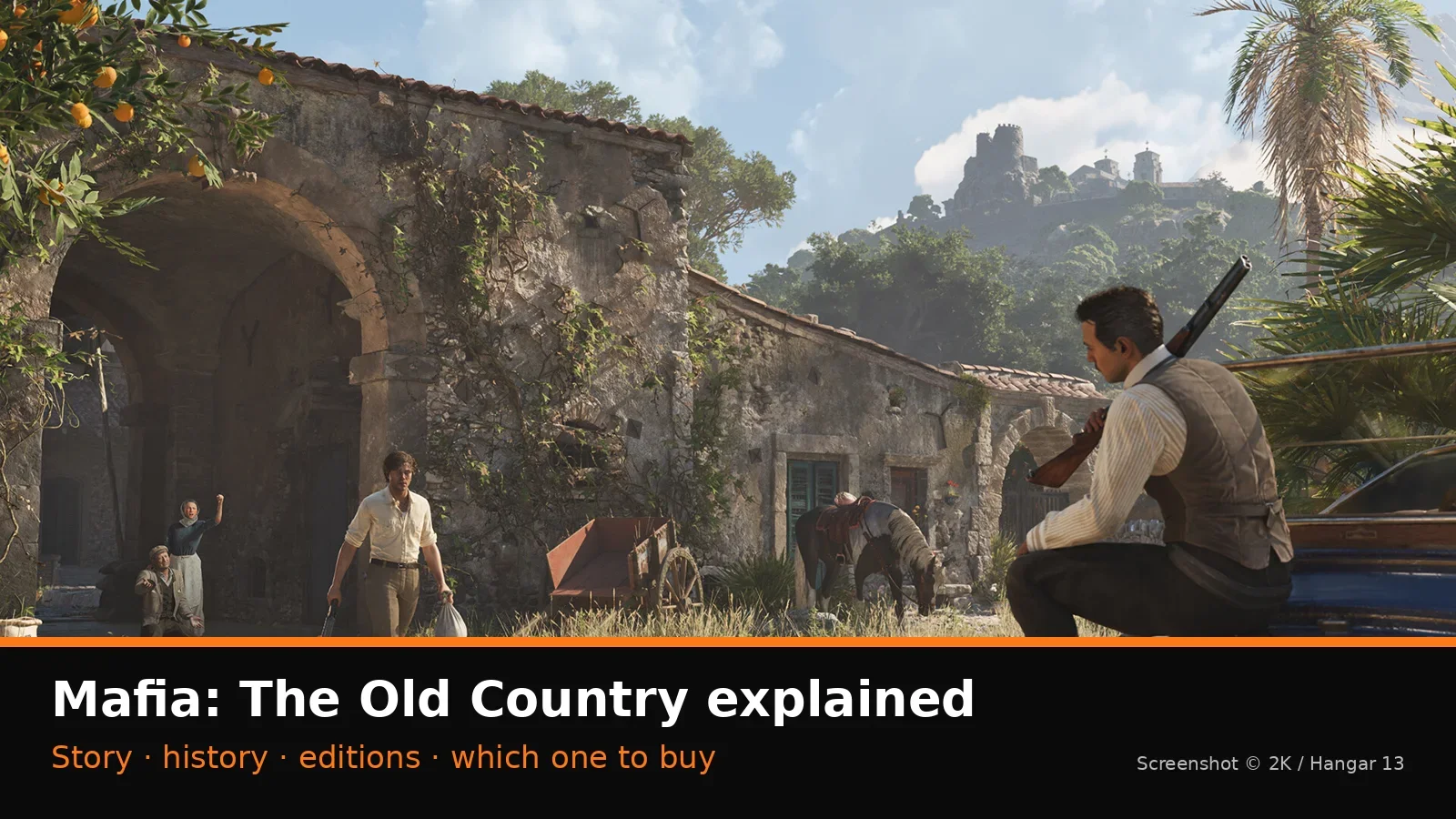 Official Mafia: The Old Country screenshot of Enzo Favara sitting on a vintage car outside a Sicilian farmhouse, with NextPlayIntel explainer label