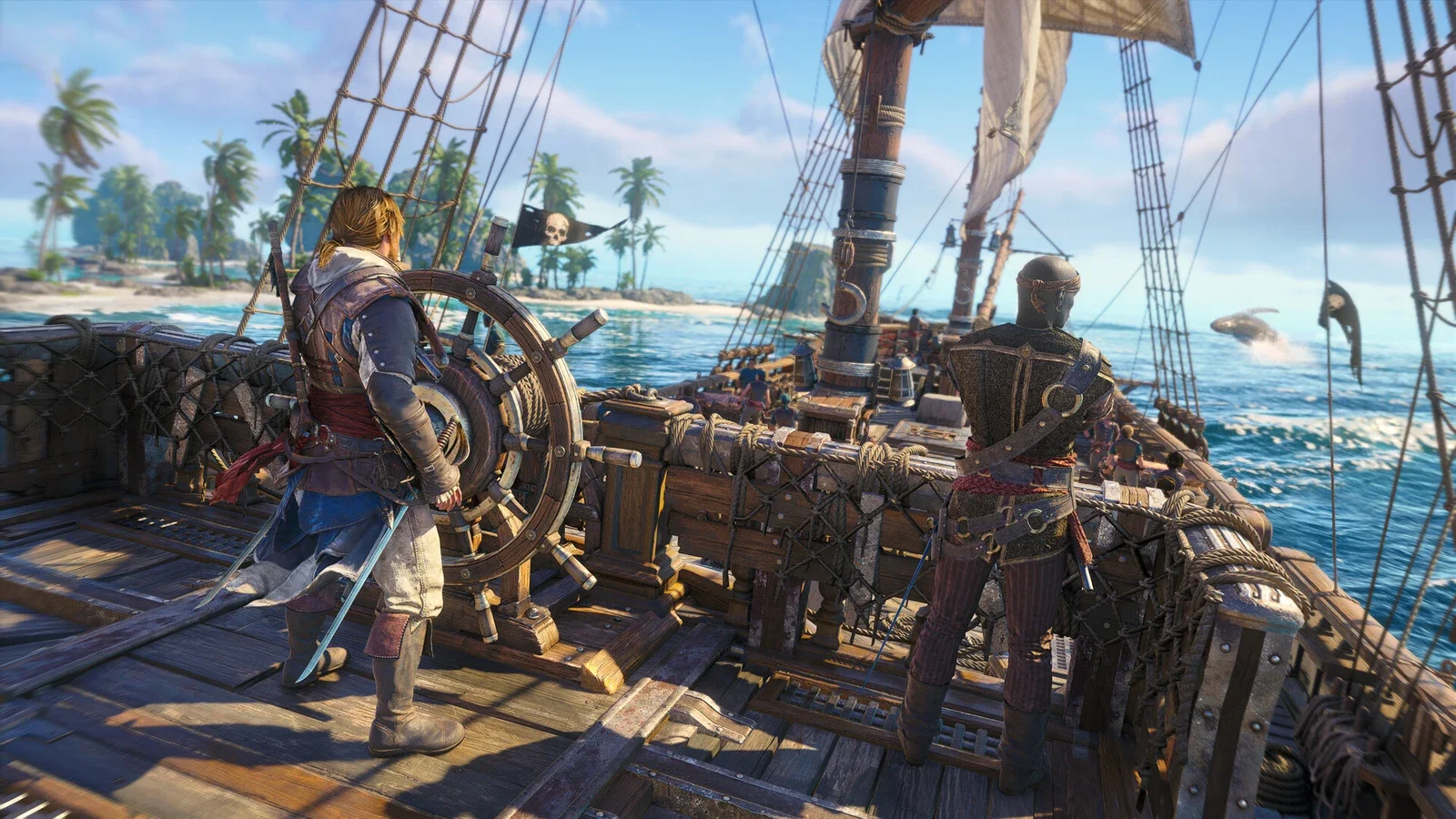Edward Kenway at the wheel of the Jackdaw, sailing past a tropical island in Assassin's Creed Black Flag Resynced