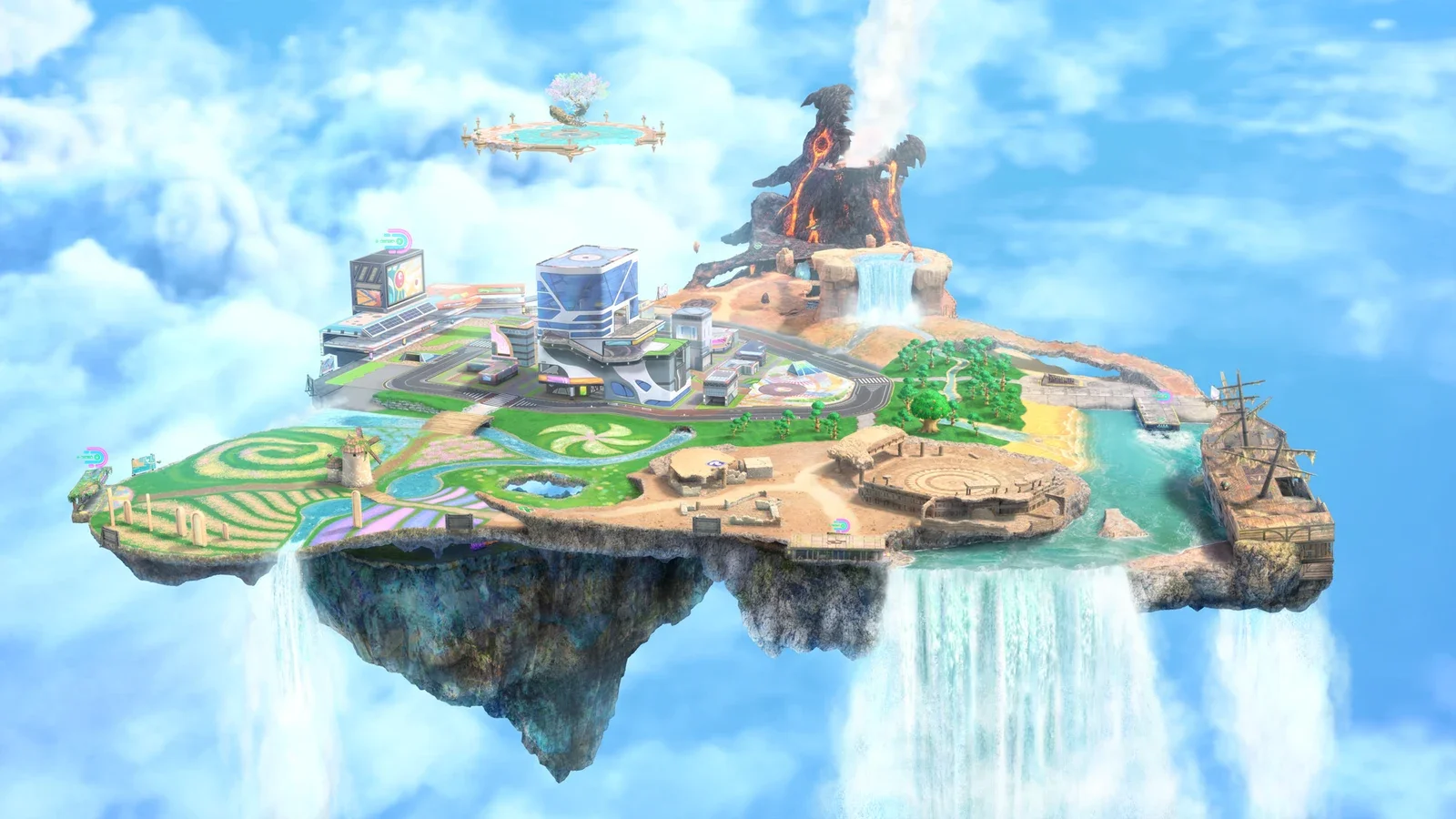 A floating island city with tall buildings, roads and a volcano drifts above the clouds as small vehicles fly around it