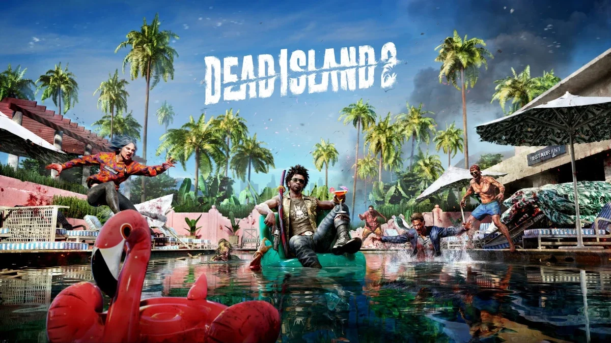 Dead Island 2 key art: survivors wade through a flooded Los Angeles hotel pool among zombies, palm trees and an inflatable flamingo