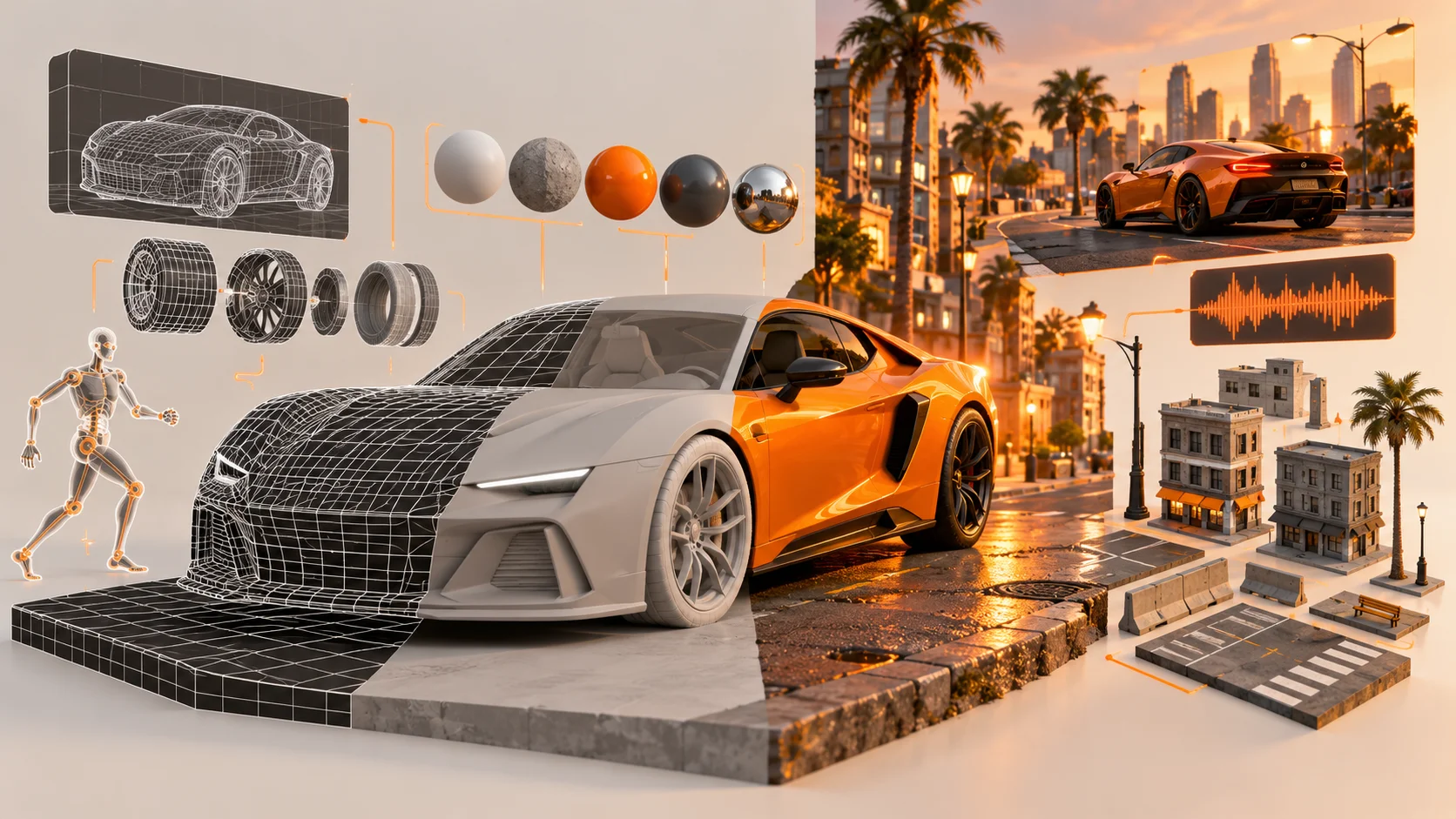 An invented orange sports car shown as wireframe, untextured geometry and a finished surface, alongside asset concepts.
