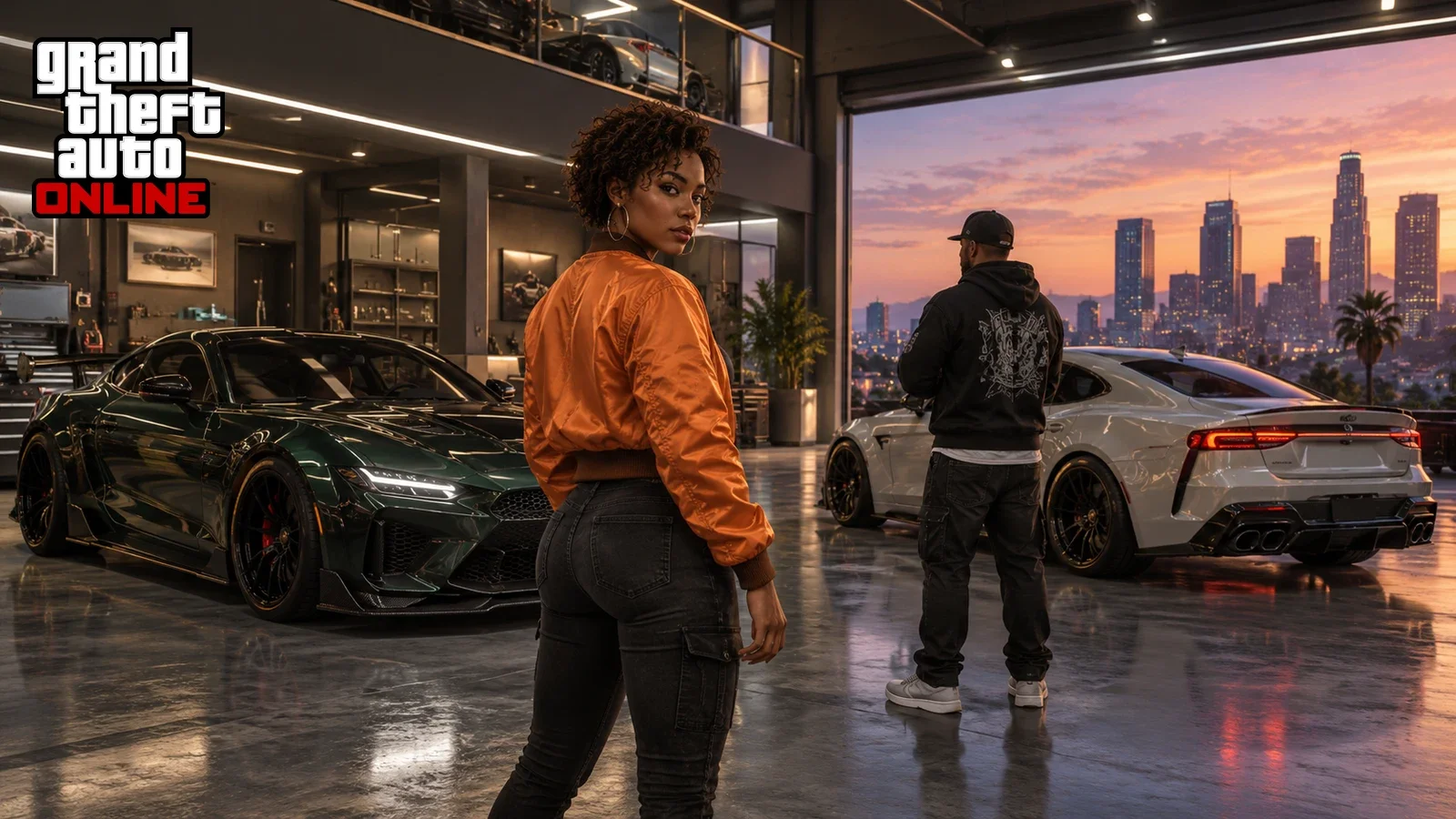 AI recreation: modern luxury garage with two distinct customized cars, two adult streetwear characters from behind. Grand Theft Auto Online logo.