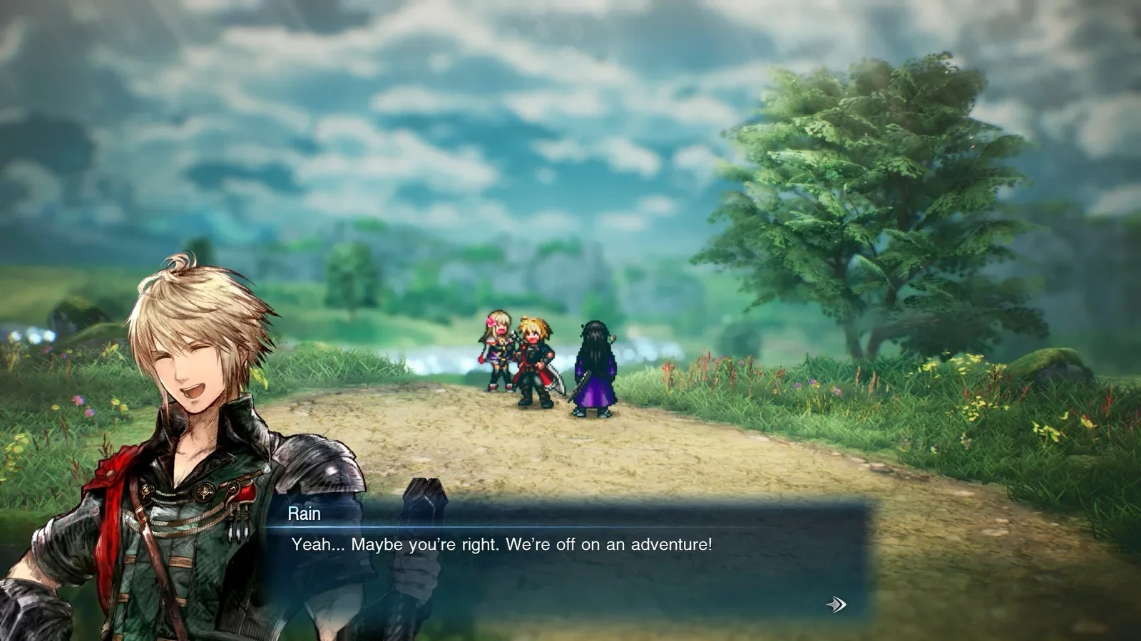 Official Final Fantasy Resonance screenshot of Rain and companions talking on a forest path