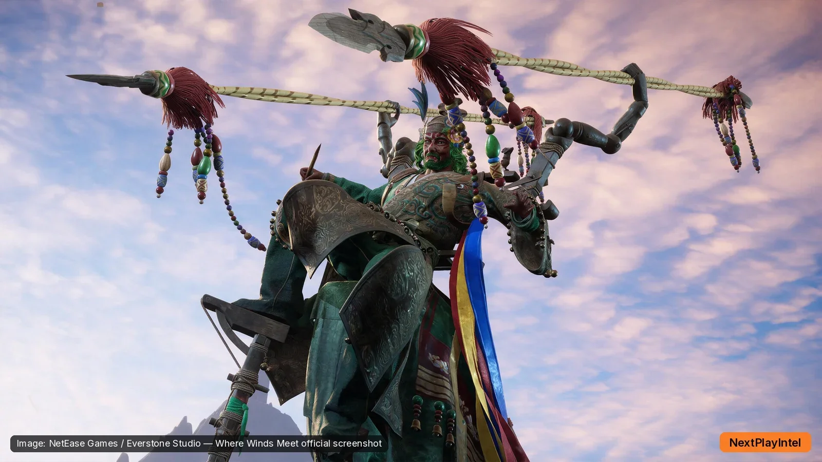 Where Winds Meet official screenshot of an armoured warrior on horseback raising a decorated spear against a blue sky
