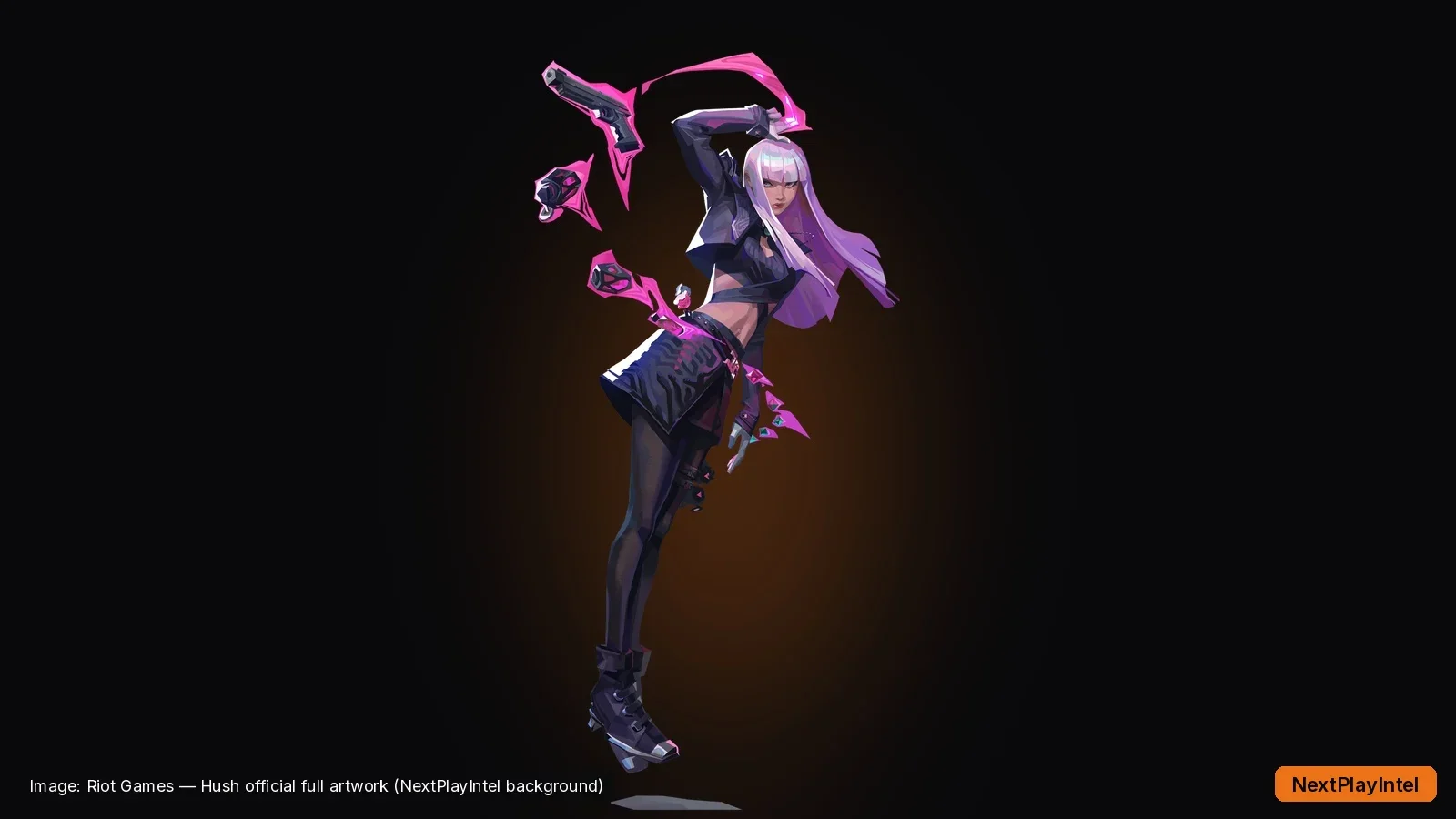 Hush's official full-body artwork with purple telekinetic effects on a dark background
