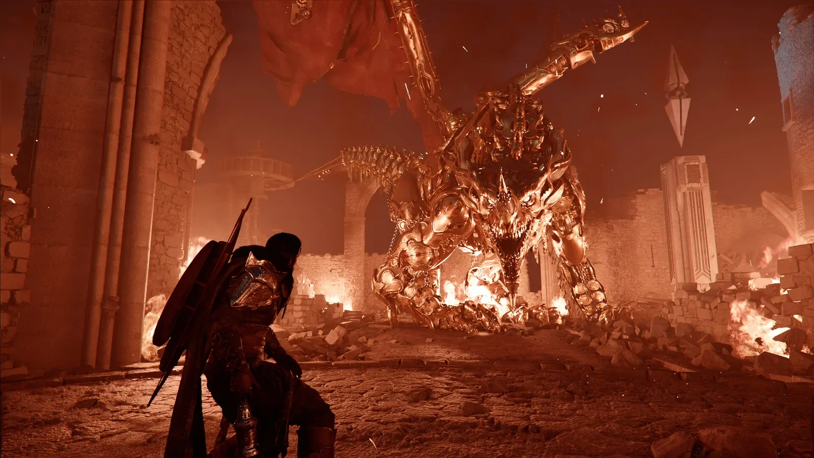 Official Crimson Desert screenshot of a warrior in a burning hall facing a fiery creature