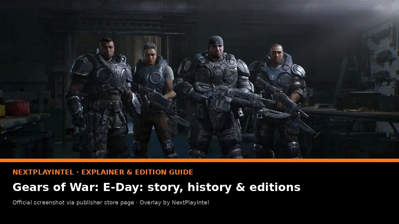 Official Gears of War: E-Day screenshot of Bravo Squad, four armoured COG soldiers, with NextPlayIntel explainer label