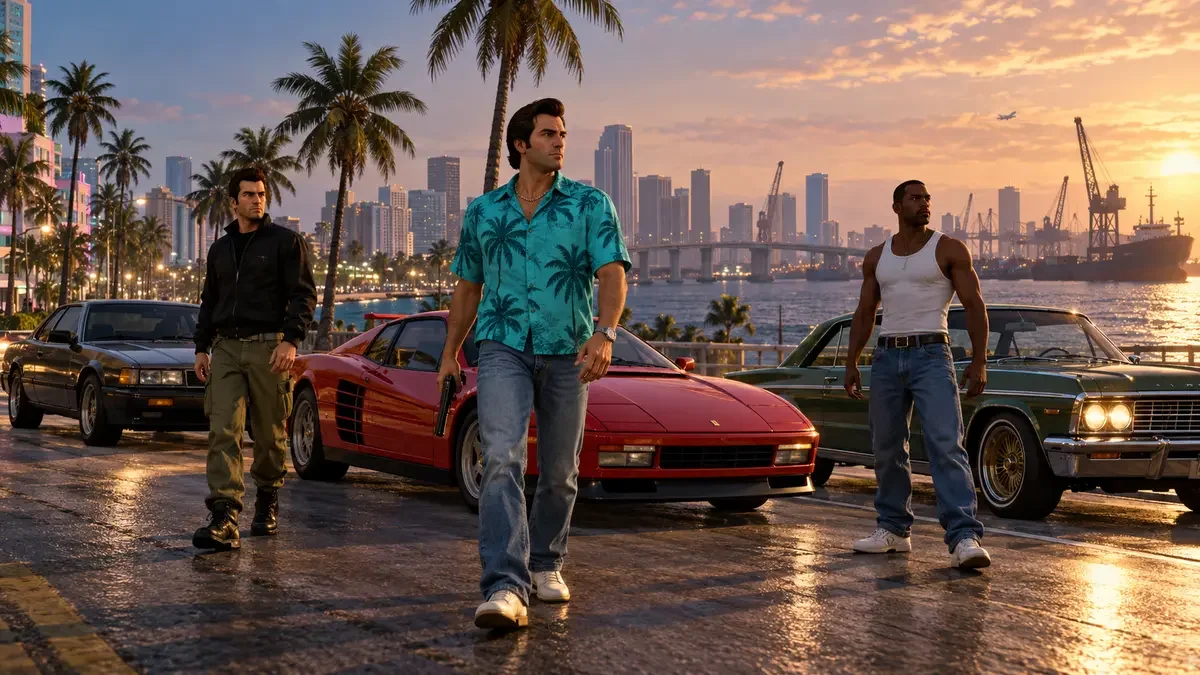 AI illustration of Claude, Tommy Vercetti and CJ walking past classic cars on a palm-lined waterfront.