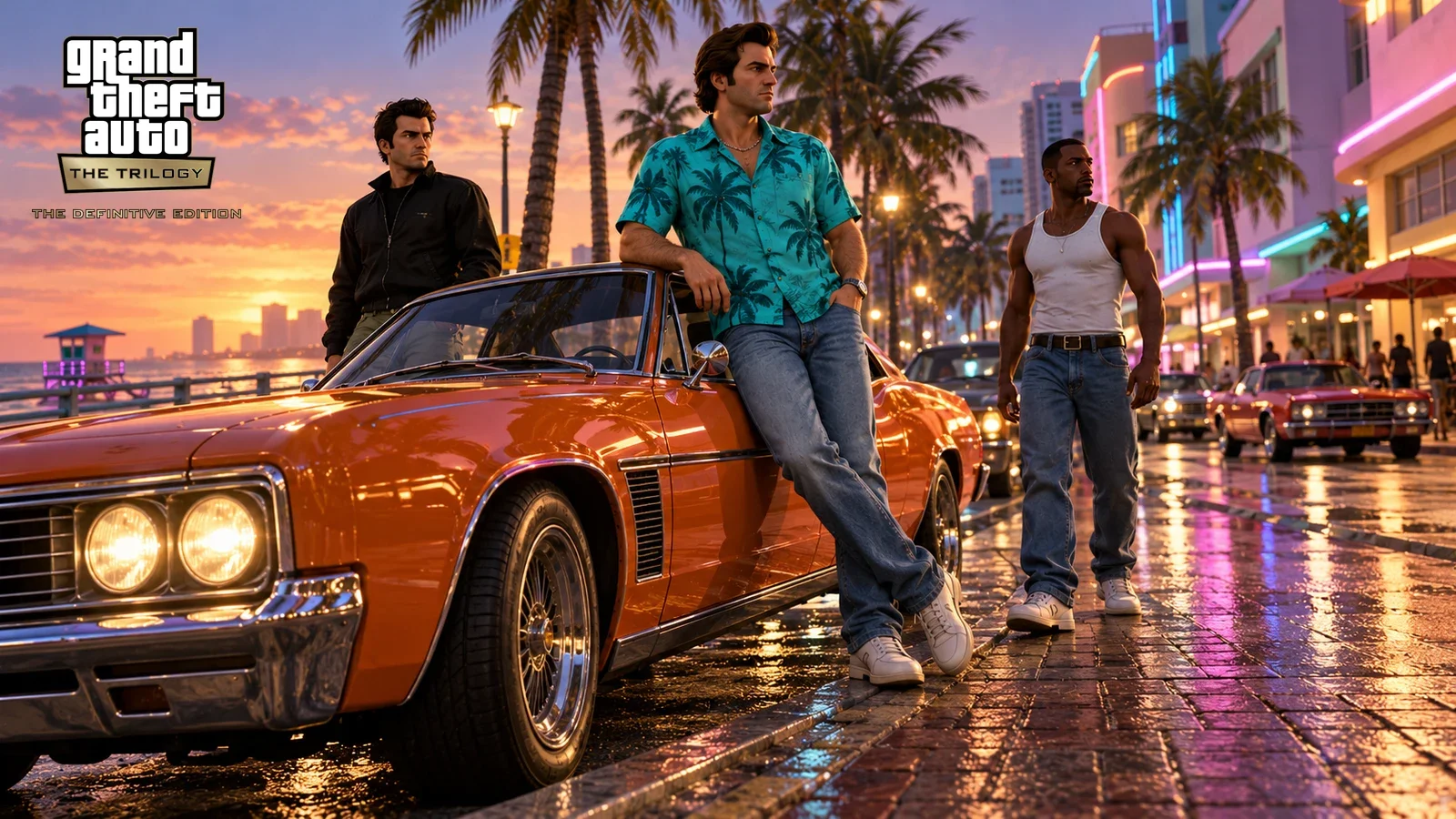 AI illustration of Tommy Vercetti beside an orange car, with Claude and CJ on a neon-lit coastal street.