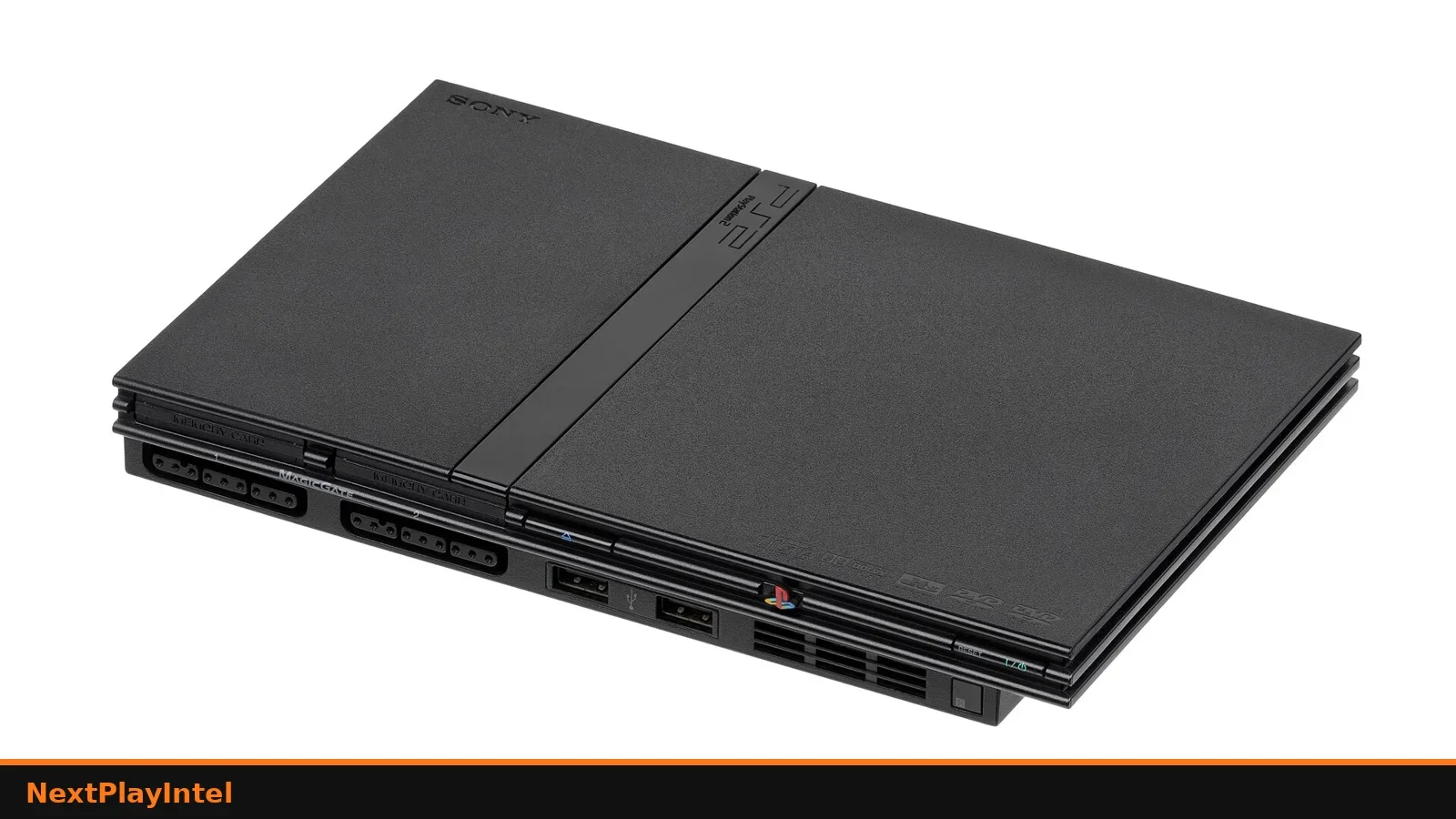 Slim Sony PlayStation 2 console, front-left view