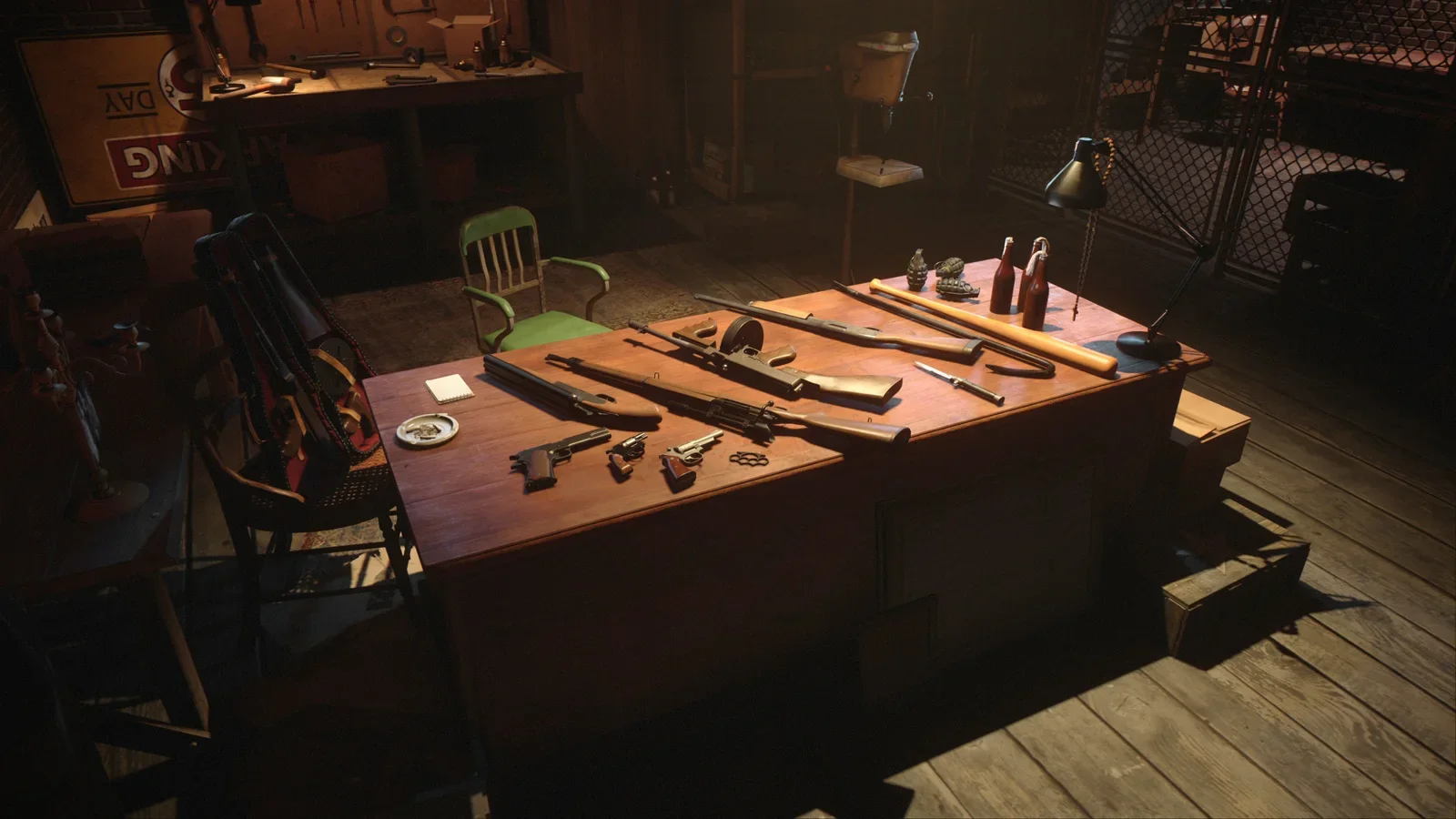 Official Mafia: Definitive Edition screenshot of a weapons table in a dim room