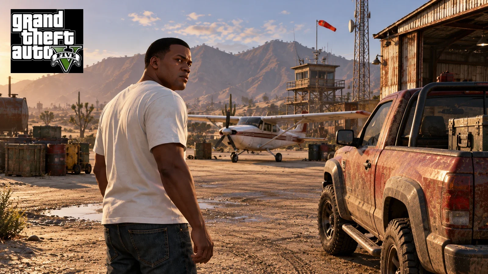 AI illustration of Franklin beside a dusty pickup at a desert airfield with a small aircraft.