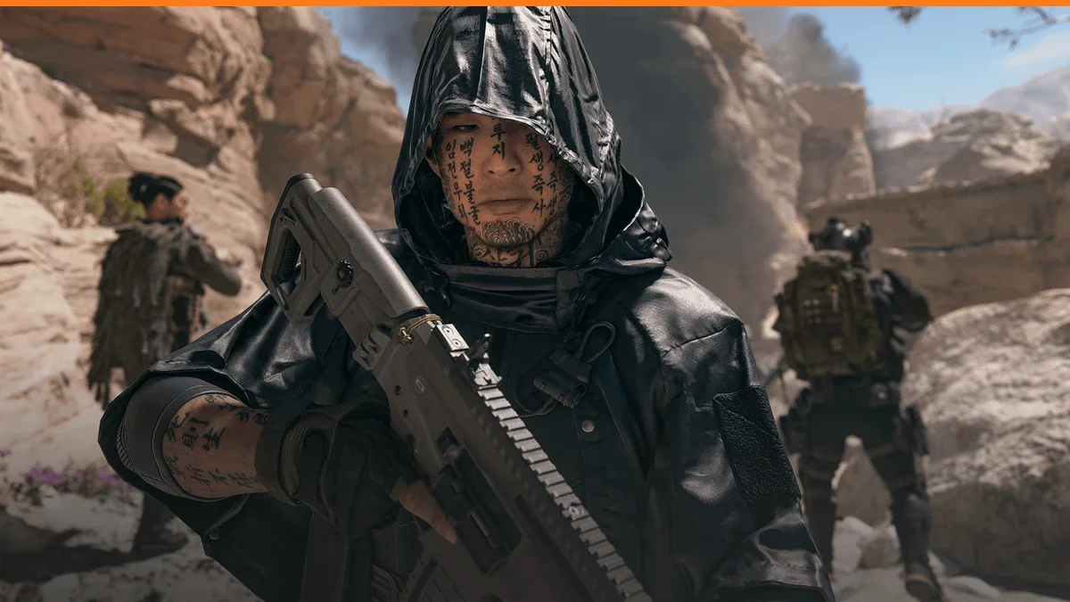 Hooded Modern Warfare 4 operator with script tattoos across his face holds a rifle in a rocky desert canyon, flanked by two armed soldiers